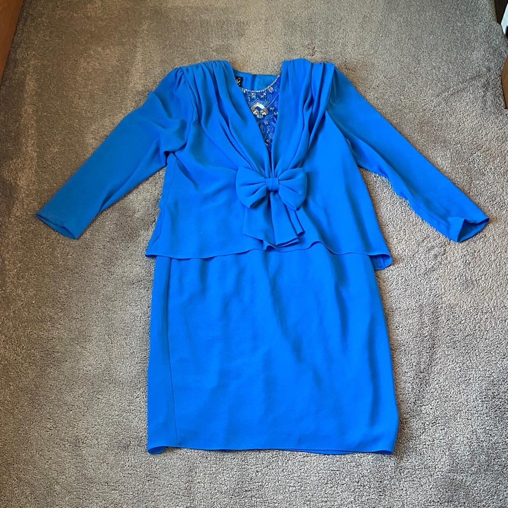 Ursula of Switzerland Blue Dress Lace Inset Bow Detail Cocktail SIZE 10P